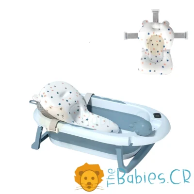 Bañera Plegable para Bebé – Tina Azul con Termómetro, Tapón de Drenaje y Soporte Ajustable