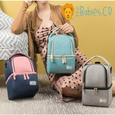 Hielera para leche materna con 2 ice packs y 3 botellas en varios colores